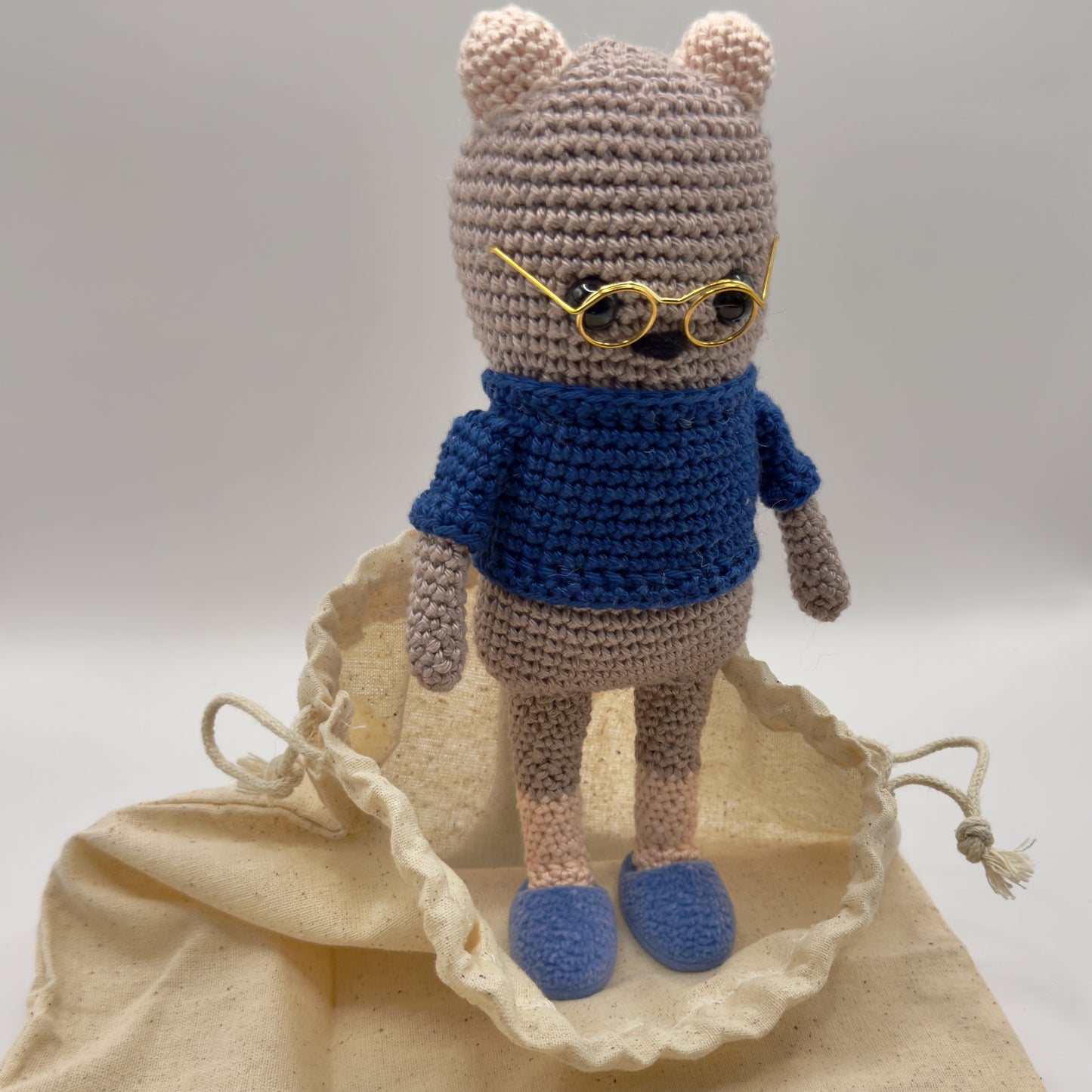 Amigurumi Bear in Blue Slippers, Glasses and Blue Sweater