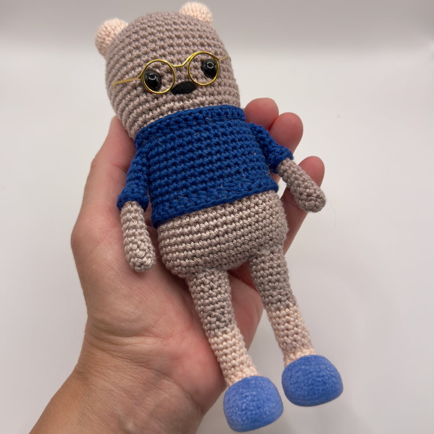 Amigurumi Bear in Blue Slippers, Glasses and Blue Sweater