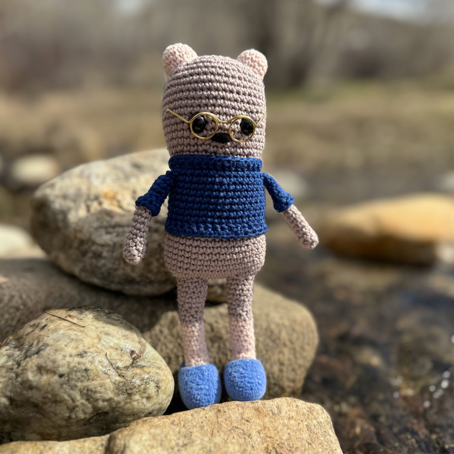 Amigurumi Bear in Blue Slippers, Glasses and Blue Sweater