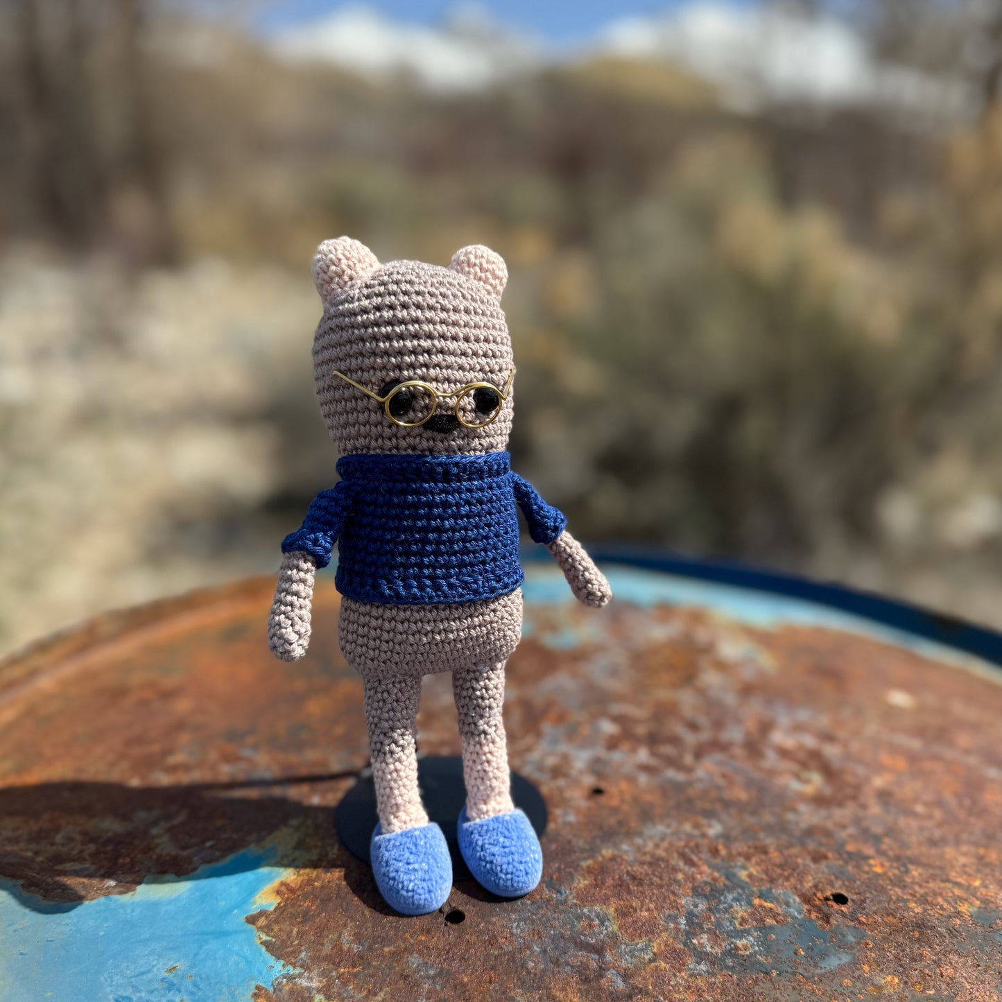 Amigurumi Bear in Blue Slippers, Glasses and Blue Sweater