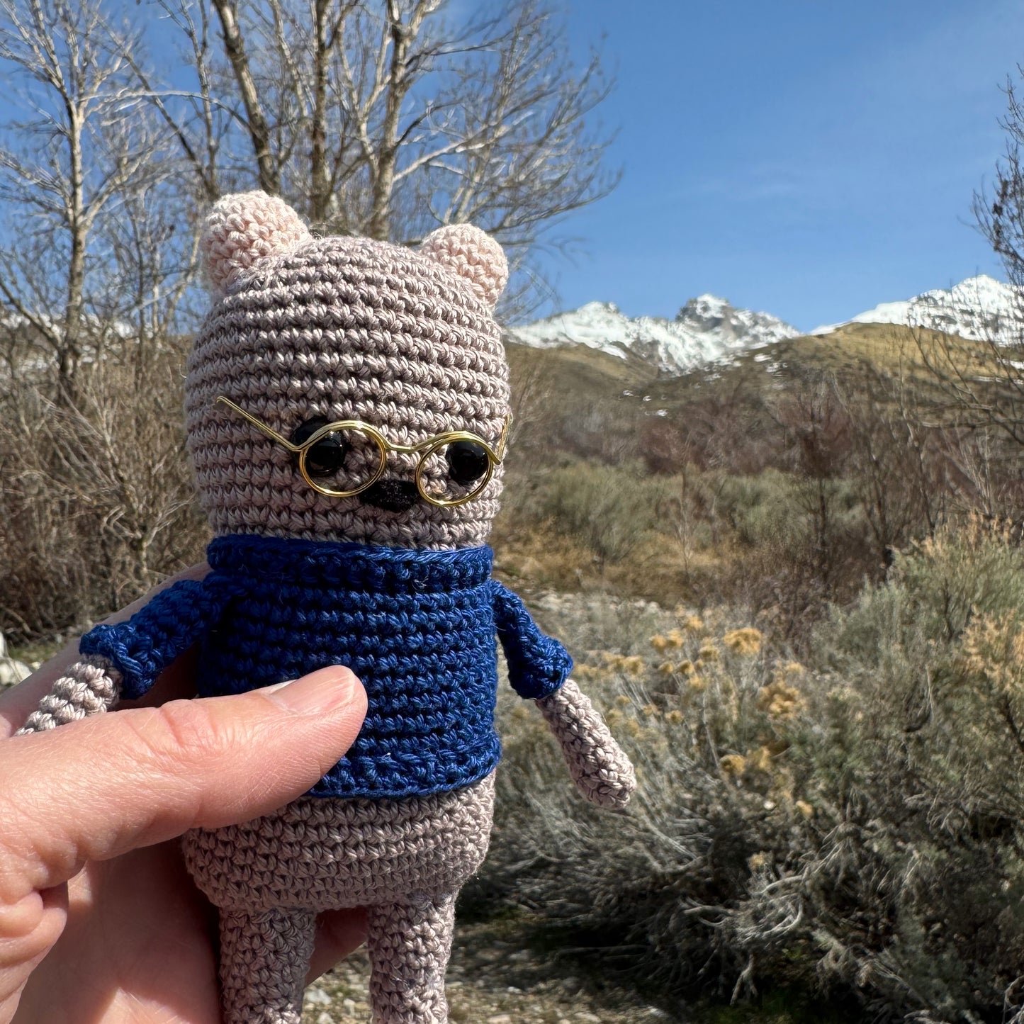 Amigurumi Bear in Blue Slippers, Glasses and Blue Sweater