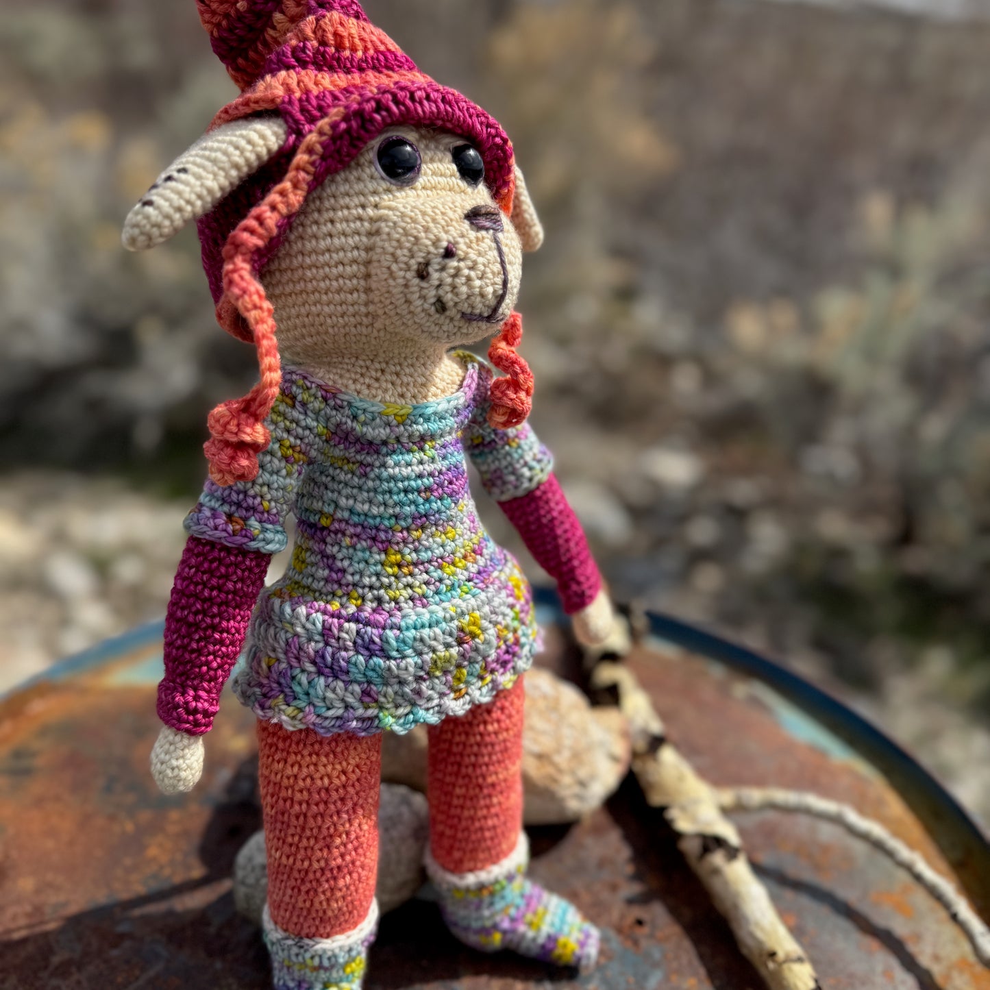 Girl Dog in Removable Orange and Pink Hat, Multicolor Dress