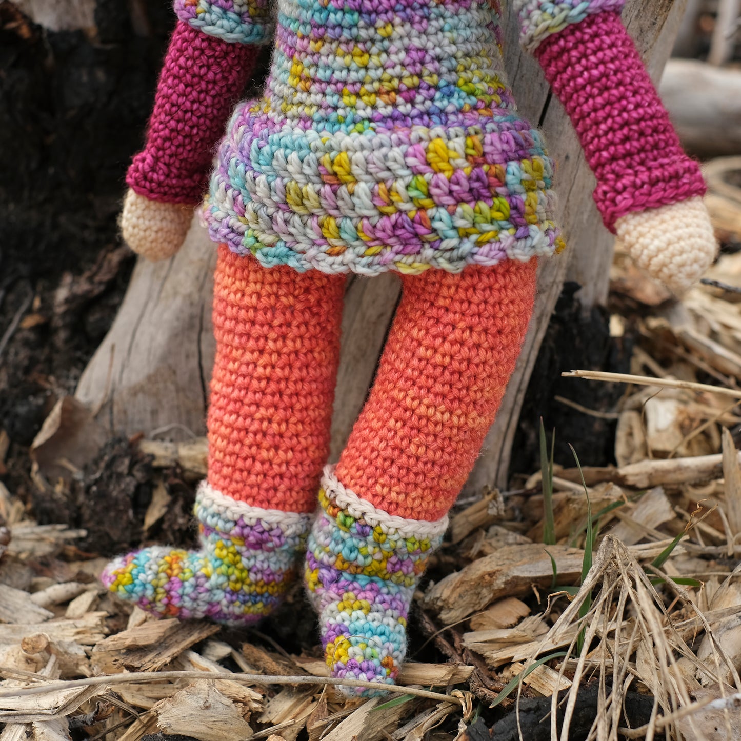 Girl Dog in Removable Orange and Pink Hat, Multicolor Dress