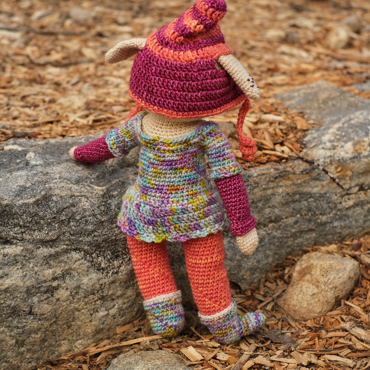 Girl Dog in Removable Orange and Pink Hat, Multicolor Dress