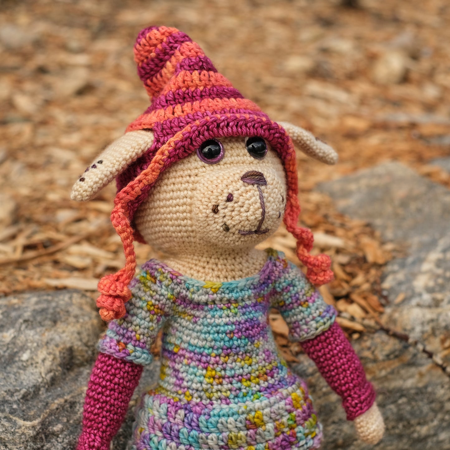 Girl Dog in Removable Orange and Pink Hat, Multicolor Dress