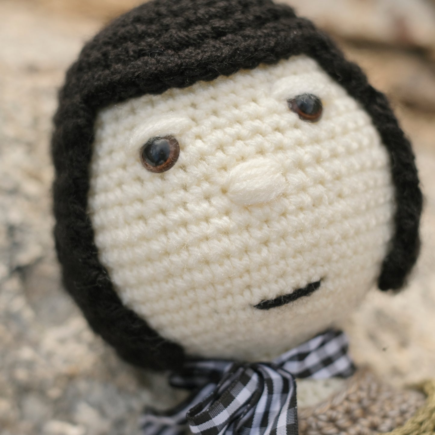 Crochet Doll with Black Hair, Green Sweater and Skirt with Pink Accents
