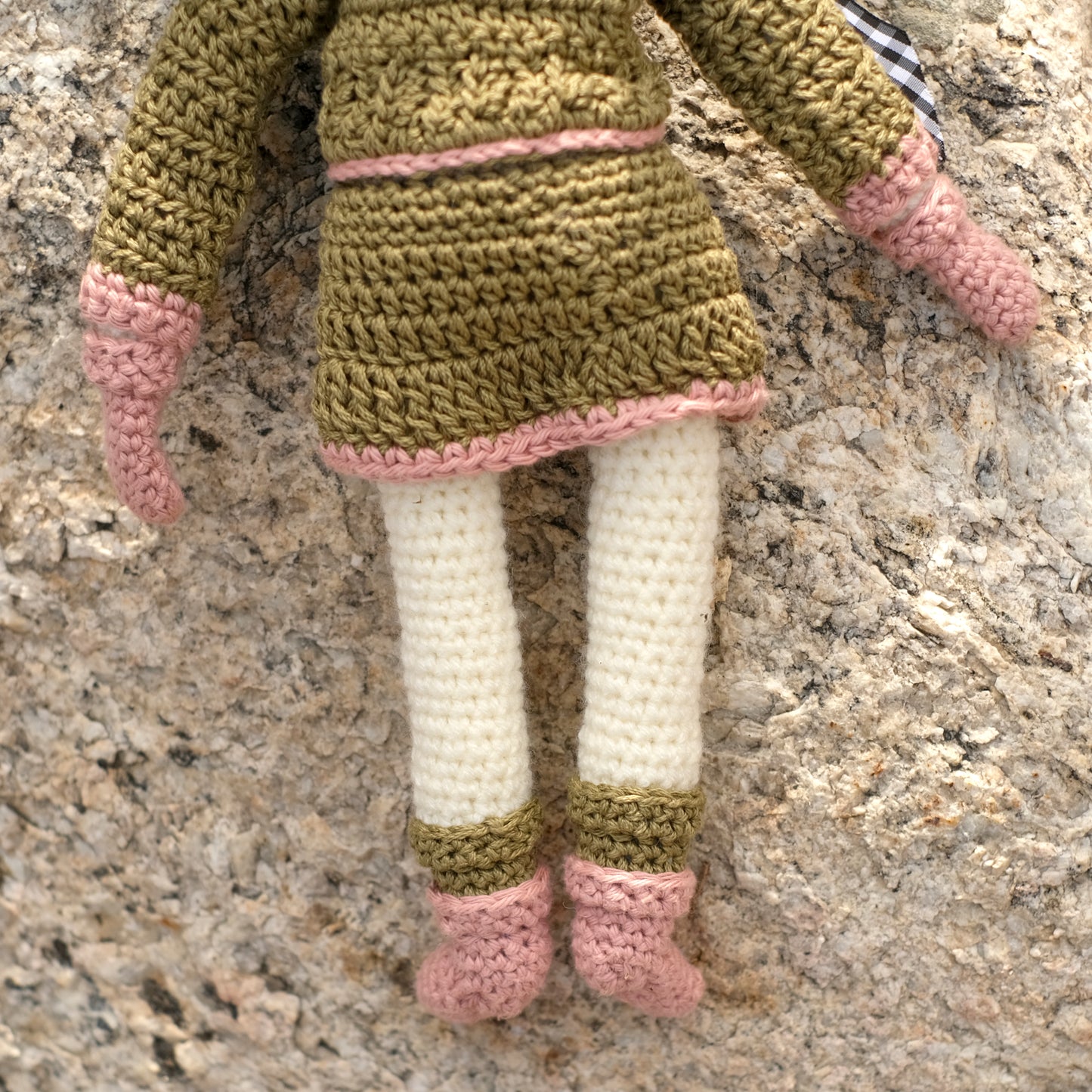 Crochet Doll with Black Hair, Green Sweater and Skirt with Pink Accents