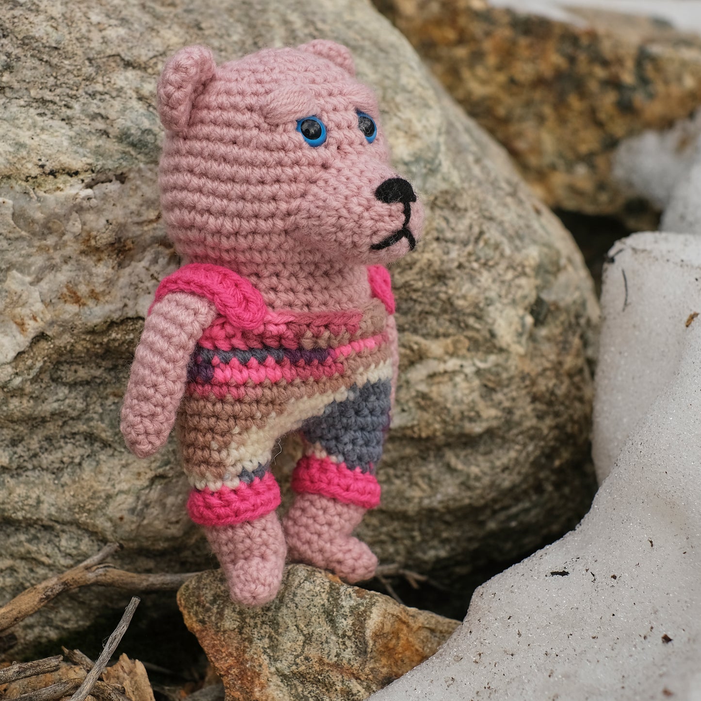 Pink Crochet Bear with Blue Eyes