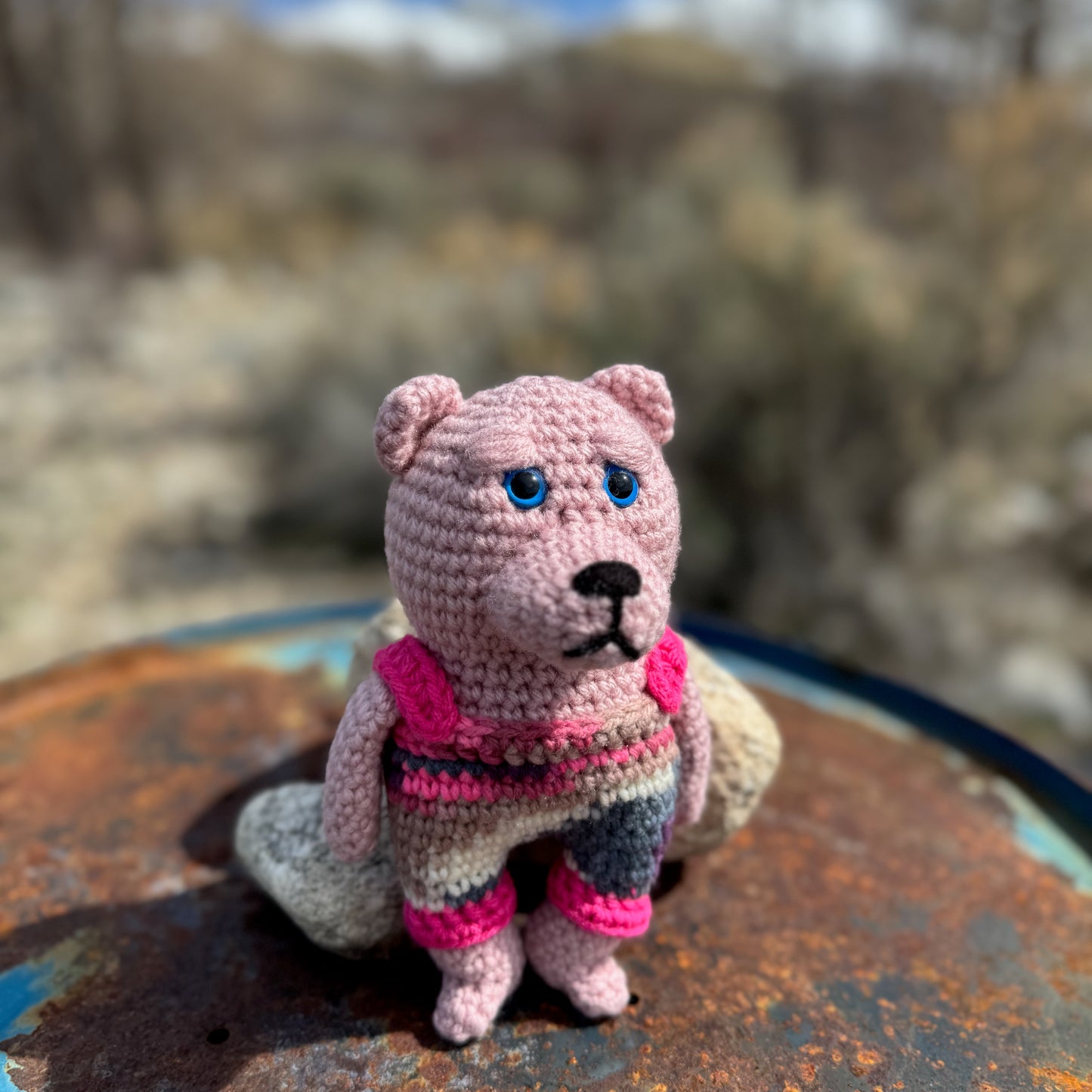 Pink Crochet Bear with Blue Eyes