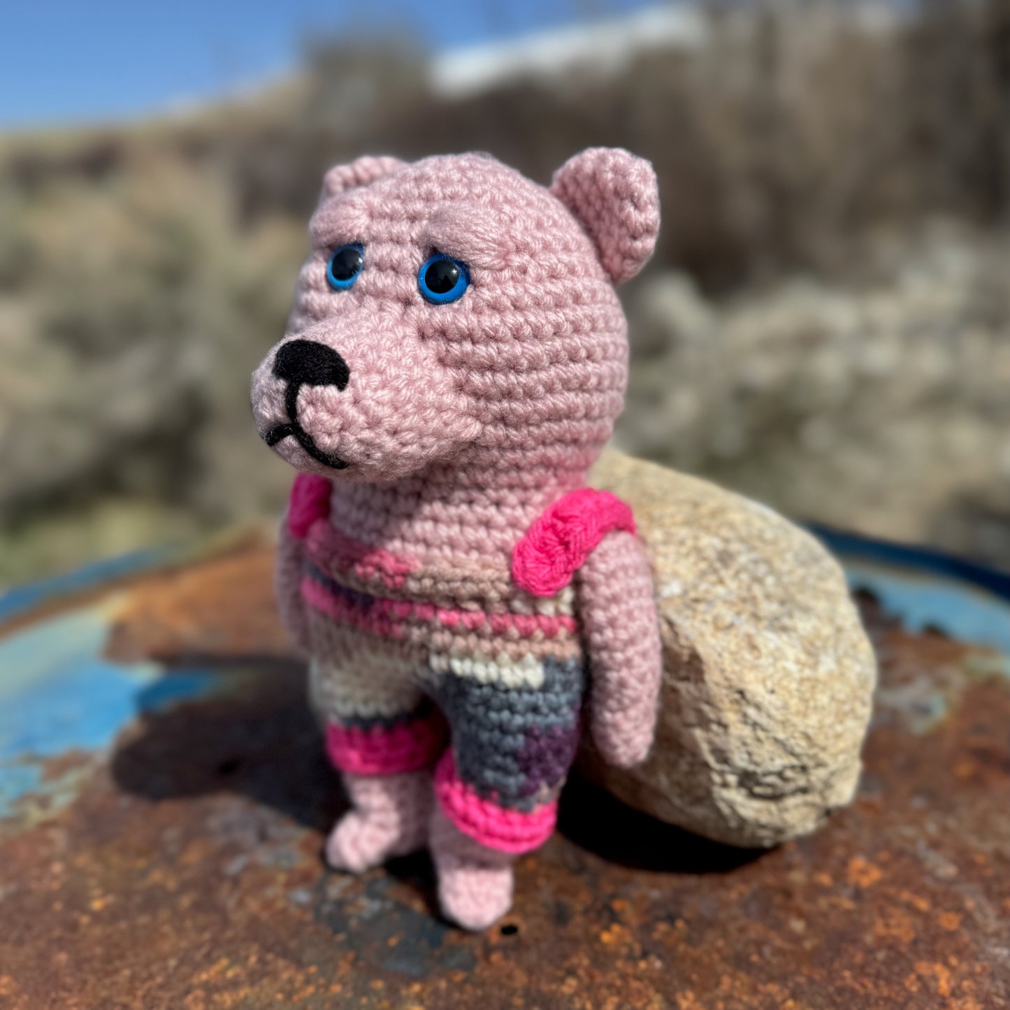 Pink Crochet Bear with Blue Eyes
