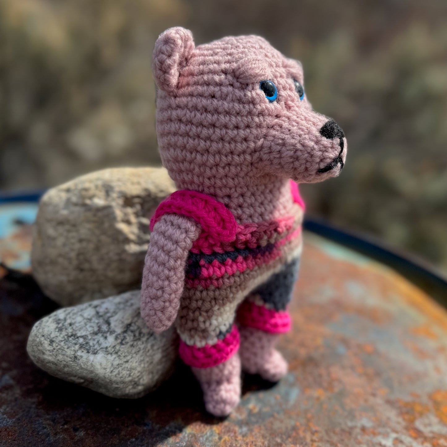 Pink Crochet Bear with Blue Eyes