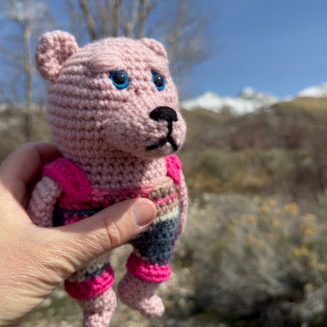 Pink Crochet Bear with Blue Eyes