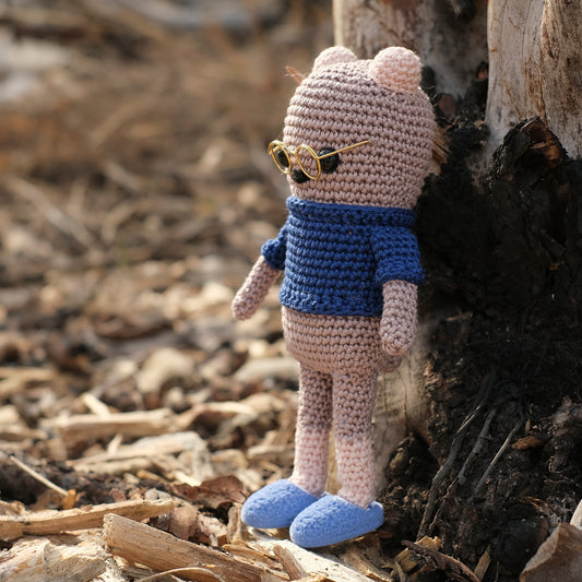 Amigurumi Bear in Blue Slippers, Glasses and Blue Sweater