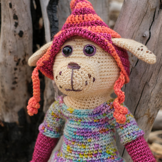 Girl Dog in Removable Orange and Pink Hat, Multicolor Dress