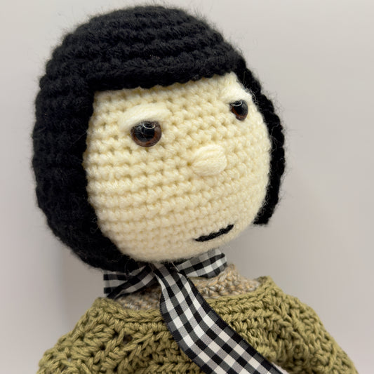 Crochet Doll with Black Hair, Green Sweater and Skirt with Pink Accents