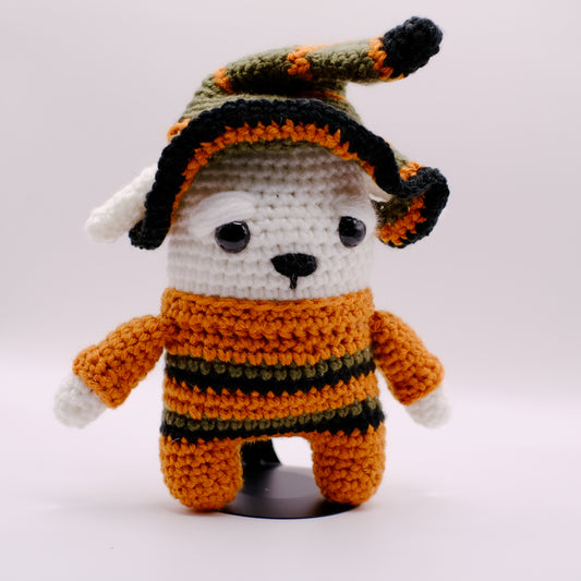 White Crochet Dog in Halloween Outfit
